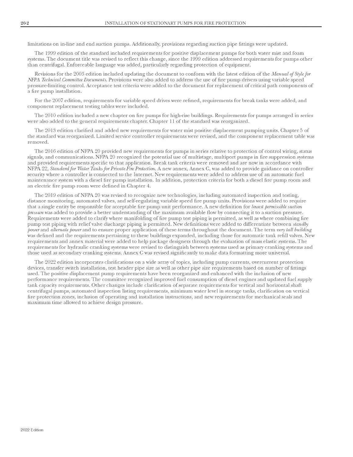 NFPA 20, Standard for the Installation of Stationary Pumps for Fire Protection, 2022 Edition